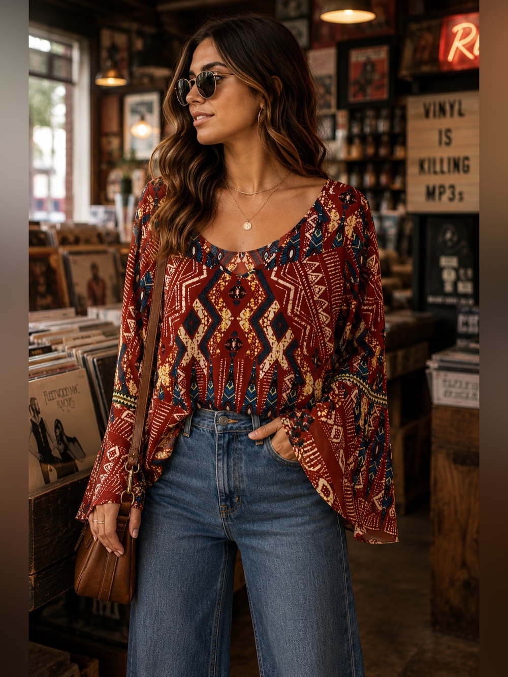 Pink Owl Bell Sleeve Geometric Print Blouse Open Back Boho—Small